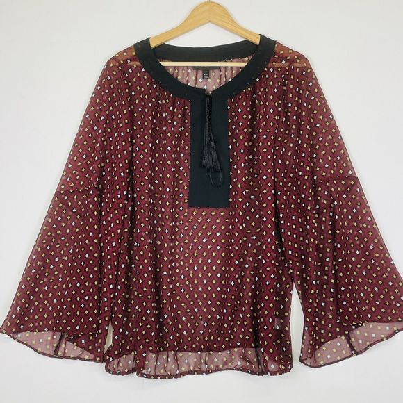 Lane Bryant Maroon Diamond Sheer Long Sleeve‎ Peasant Shirt Top Womens 18 20 NEW - Picture 1 of 7